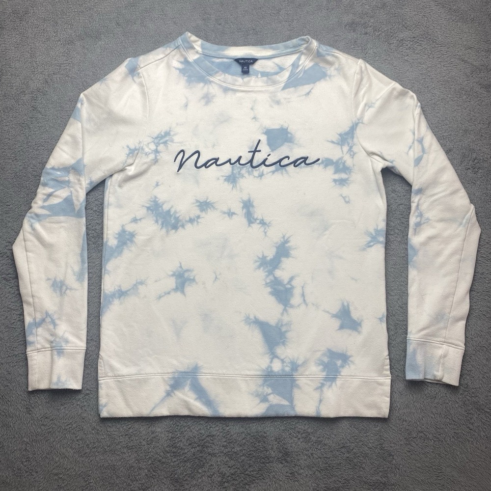Nautica Women's Sweatshirt Crew Neck Tie Dye Sky Theme Size Large Blue And White
